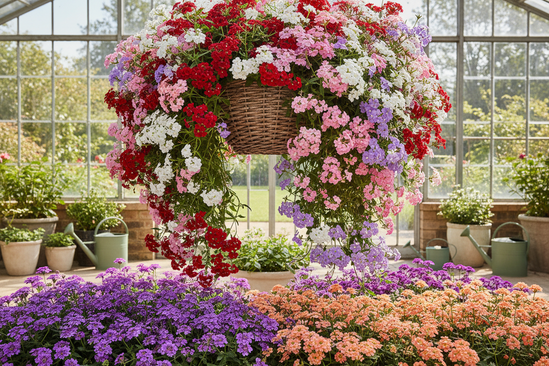 Trailing verbena in hanging baskets and landscape beds — bulk verbena seeds for commercial growers