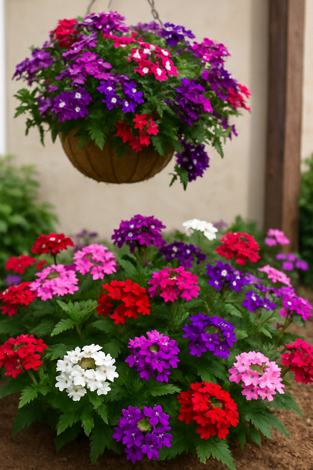 Vibrant trailing and upright verbena flowers blooming in garden beds and hanging baskets under summer sunlight.