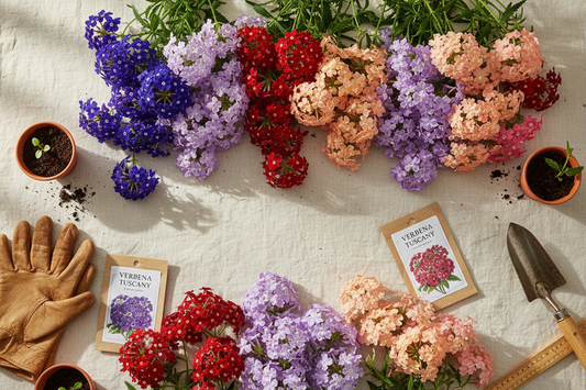 Verbena Tuscany Mix in full bloom showing blue, lavender picotee, peach, rose, burgundy and scarlet colors for bulk seed growing guide