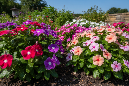 Vinca Blockbuster and Valiant bulk seeds bold heat proof color in full summer bloom