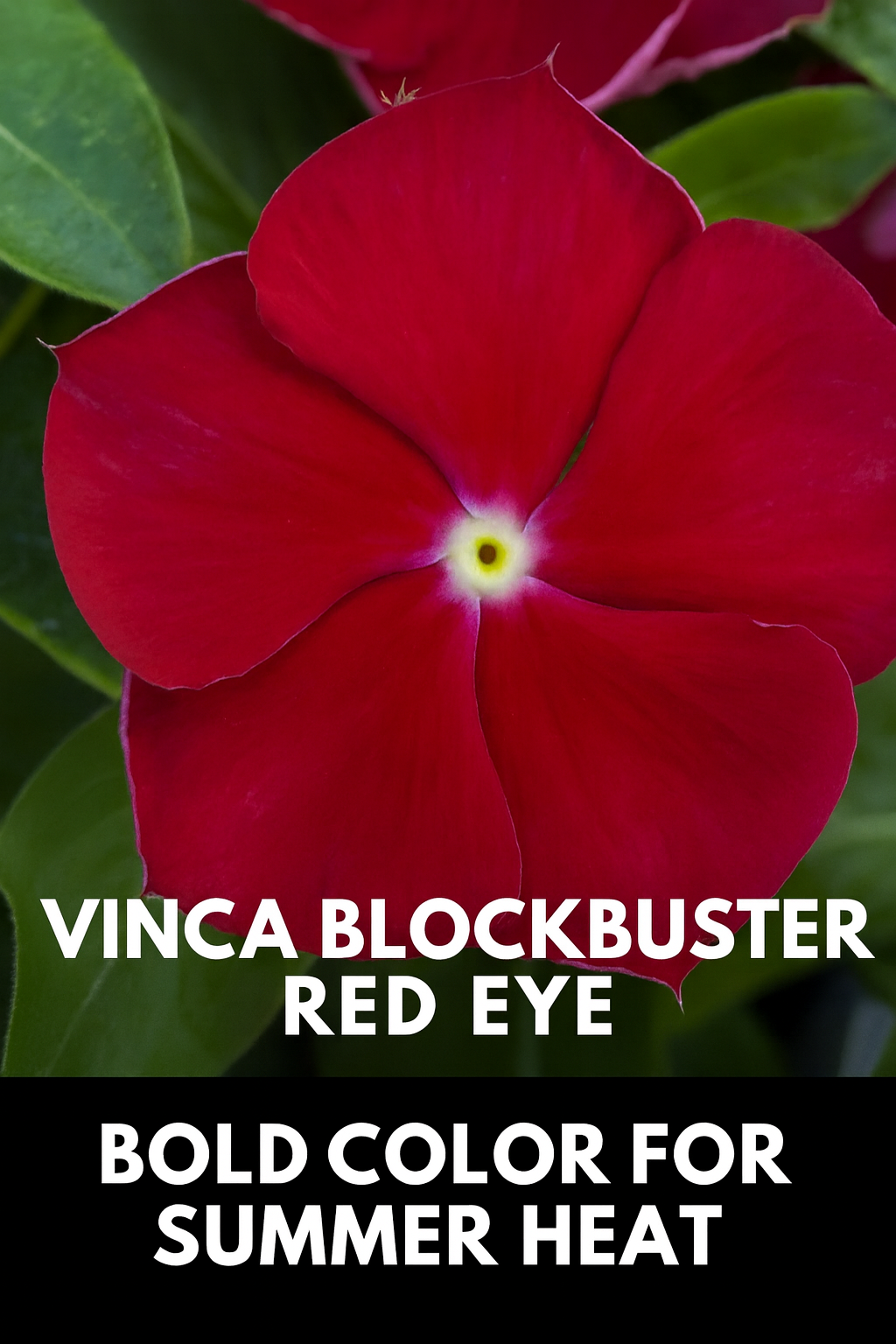 Close-up of vibrant red Vinca Blockbuster Red Eye flower with dark red center, showing glossy petals and lush green foliage, ideal for summer gardens