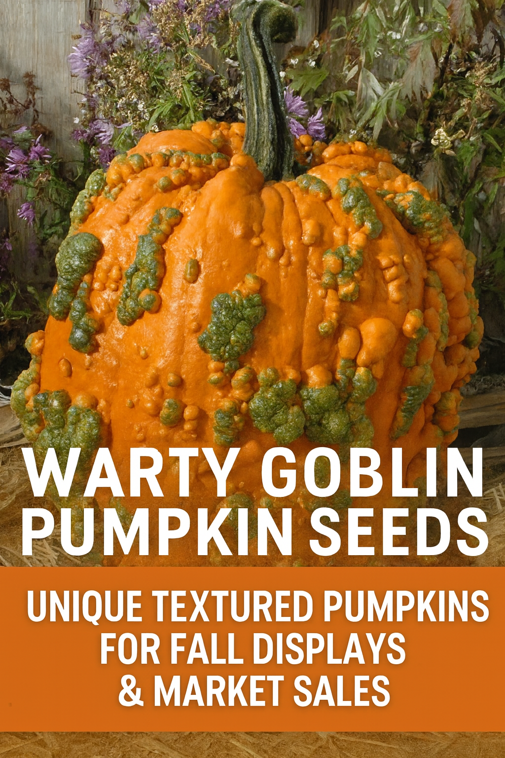 Close-up of a Warty Goblin pumpkin with orange skin and green textured warts, perfect for fall displays and farmers markets. Grown from Warty Goblin Pumpkin Seeds, known for their unique bumpy surface and autumn appeal