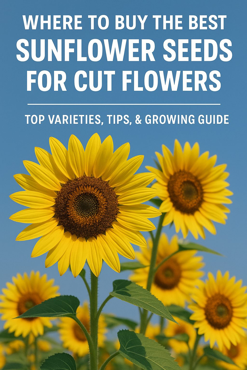Sunflower field and blue sky promoting the best sunflower seeds for cut flowers and bouquets