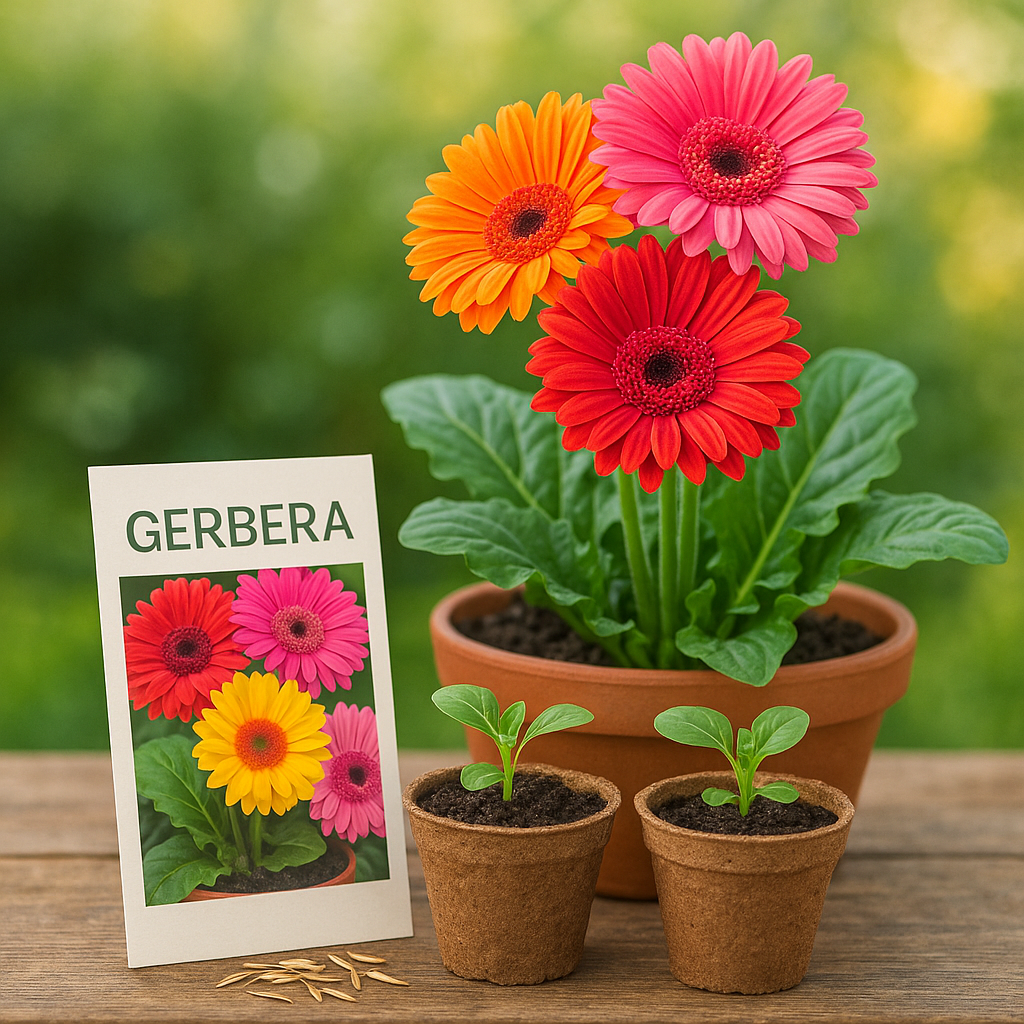 Gerbera Daisy growing from seed to bloom with seeds, seedlings, and a flowering plant in terracotta pots on a potting table.