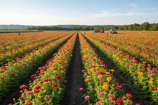 Commercial zinnia cut flower field with rows of red, orange, yellow, and pink zinnias in full bloom