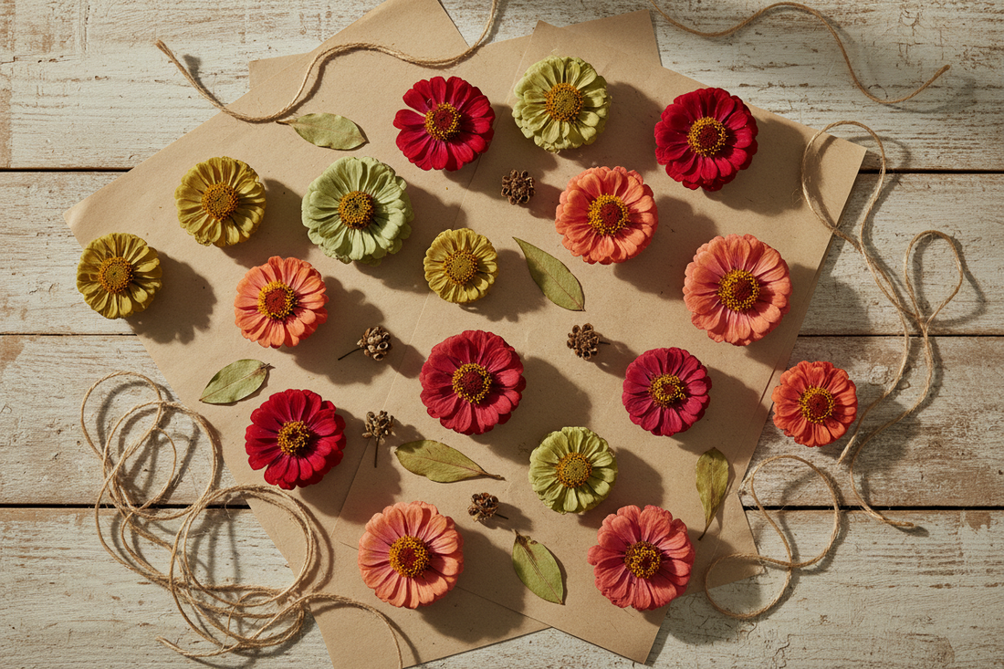 Dried zinnia blooms in scarlet coral sage green and antique gold arranged on a rustic wooden surface with kraft paper and twine
