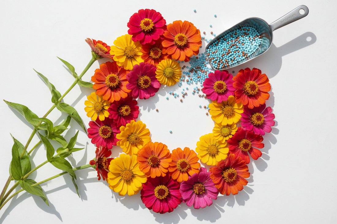 Overhead flat lay of colorful zinnia blooms with fertilizer granules and a measuring scoop on a white surface