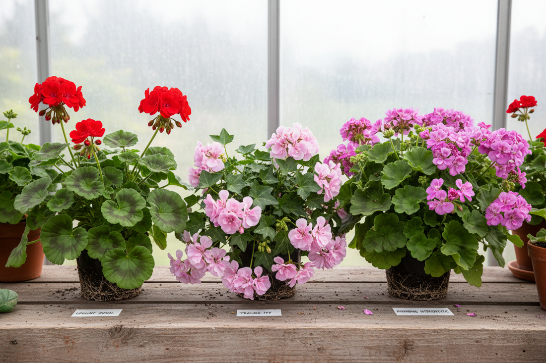 Zonal, ivy, and interspecific geranium plants arranged side by side on a greenhouse bench for comparison