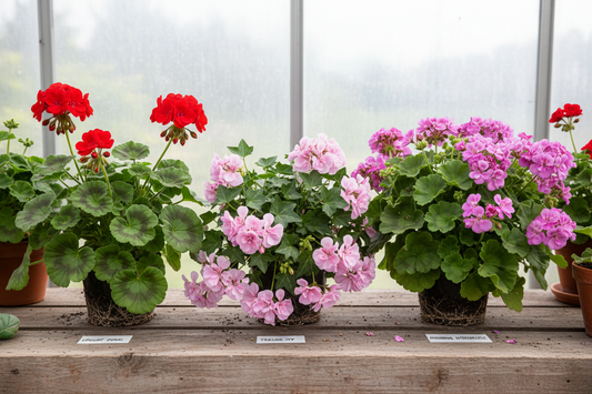Zonal, ivy, and interspecific geranium plants arranged side by side on a greenhouse bench for comparison