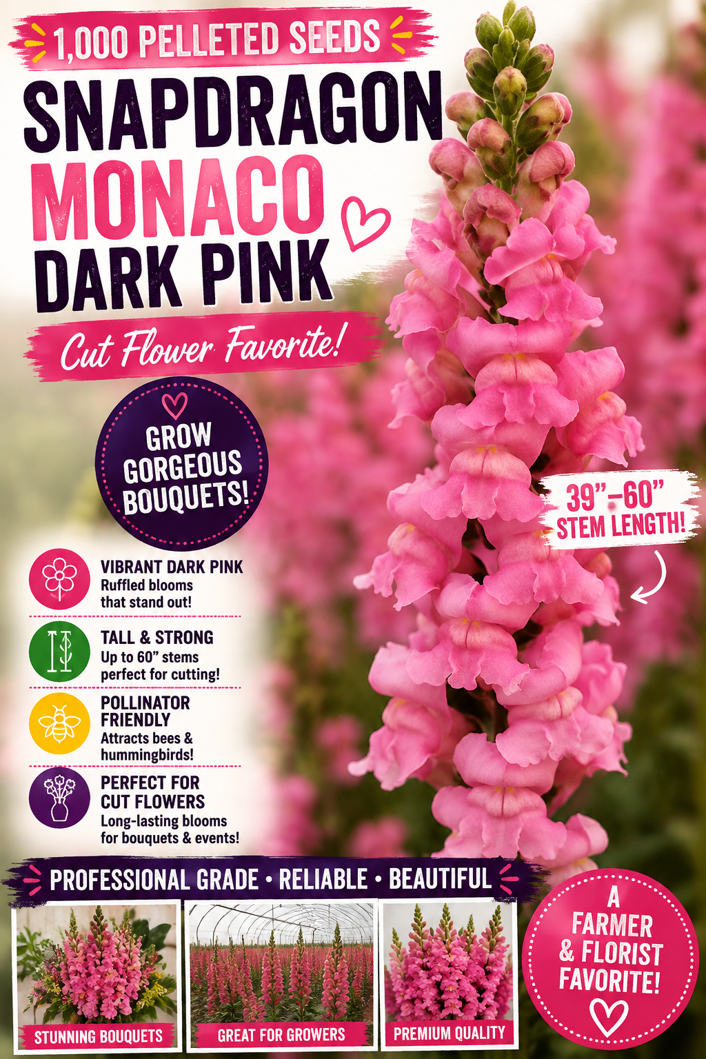 1,000 Pelleted Snapdragon Seeds – Monaco Dark Pink Cut Flower Snapdragon