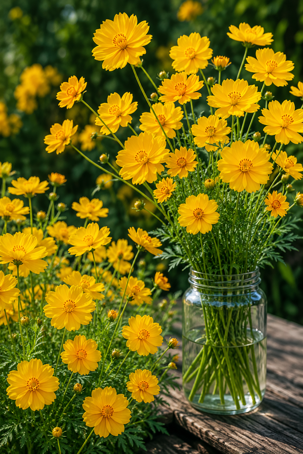 A bouquet of bright yellow cosmos flowers with green stems arranged in a clear glass jar, set on a rustic wooden surface with more yellow flowers and green foliage in the background.