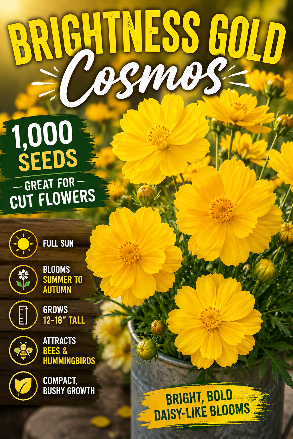 A promotional graphic for a seed product labeled 'Brightness Gold Cosmos' showing bright yellow cut flowers in a bucket, with large text describing the variety and planting benefits on a blurred floral background.