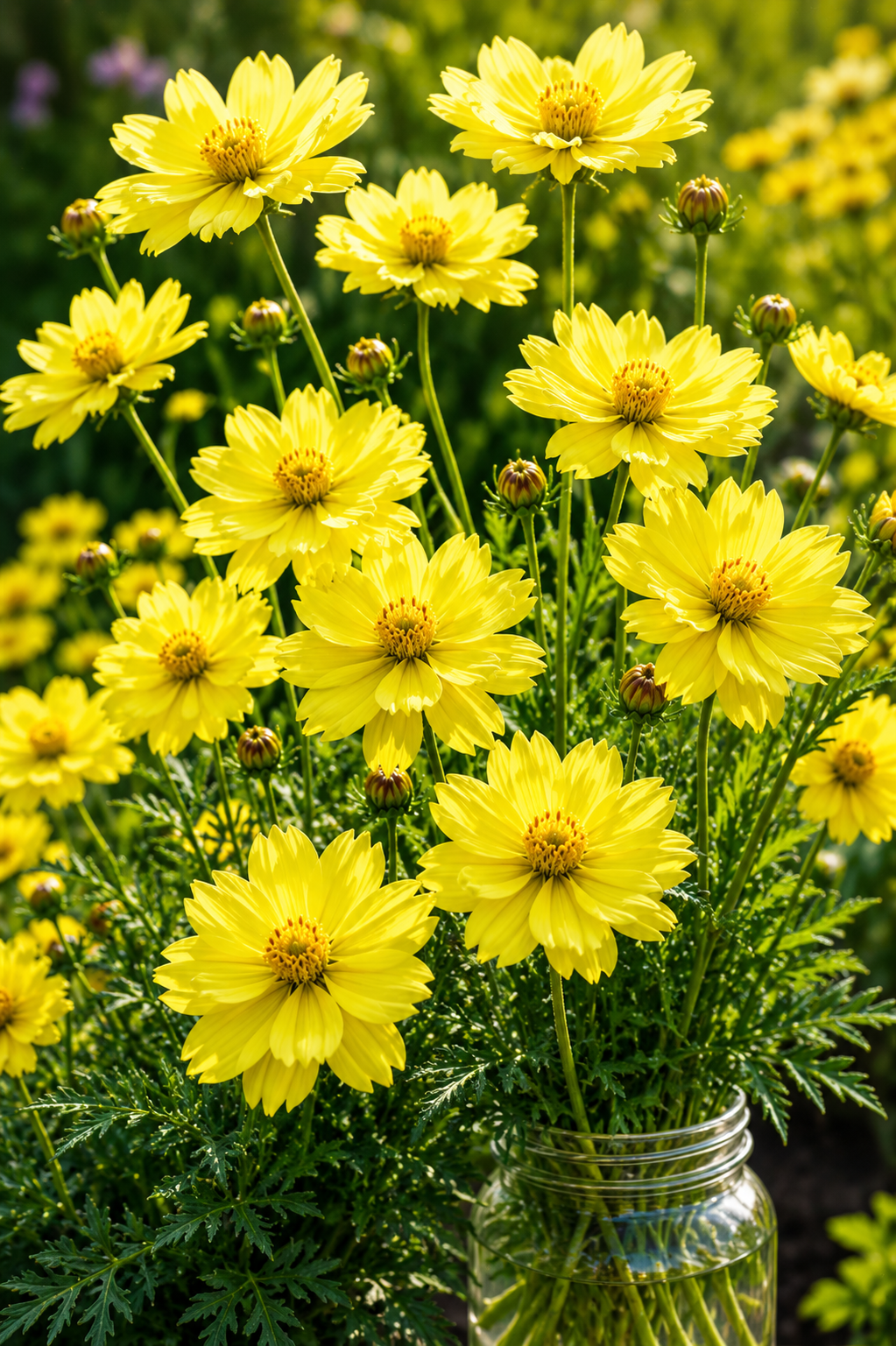 Bright yellow cosmos flowers with green foliage arranged in a clear glass jar, photographed outdoors in a garden setting.