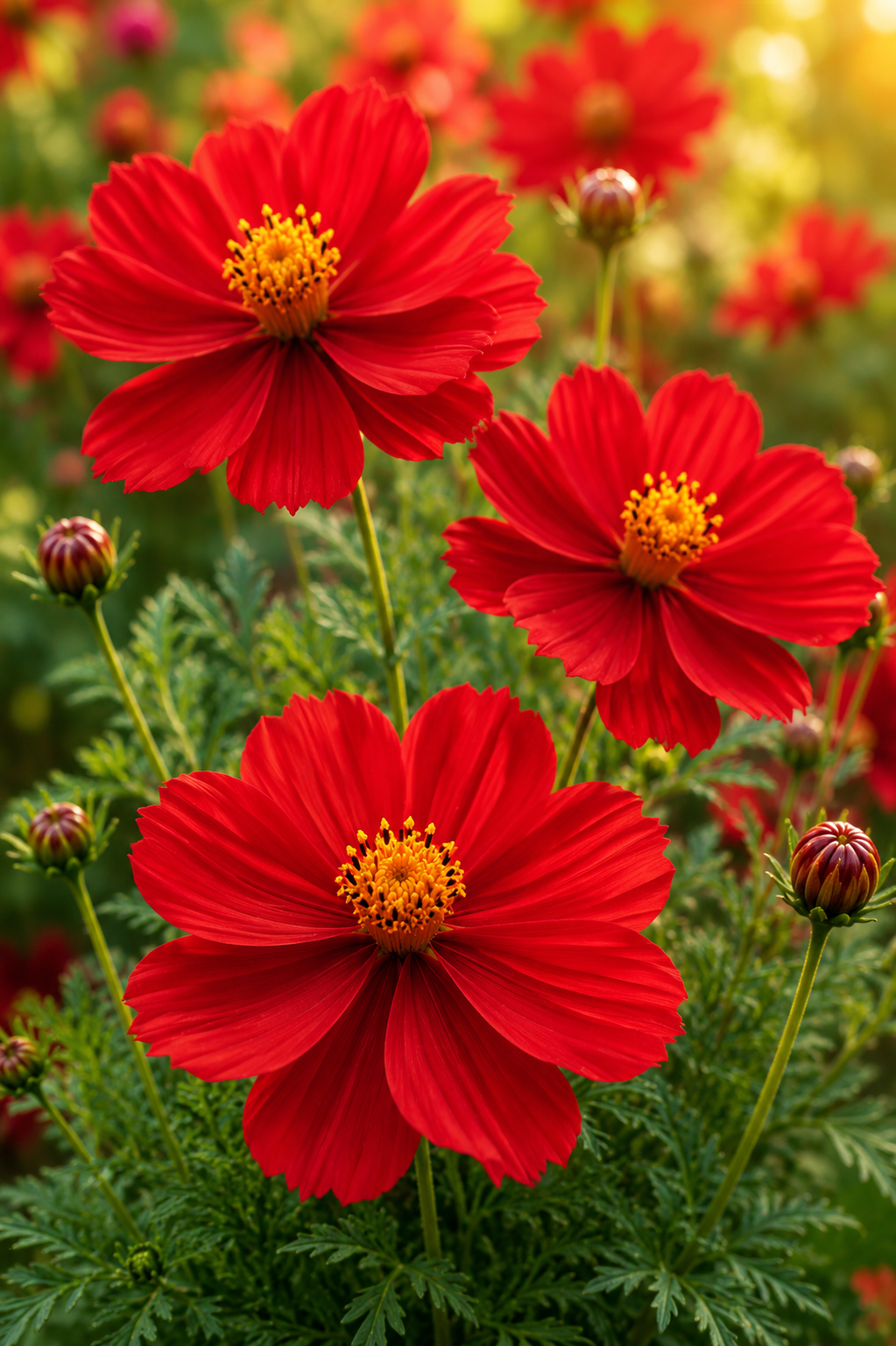 Three bright red cosmos flowers with yellow centers and green foliage in a sunlit garden setting.