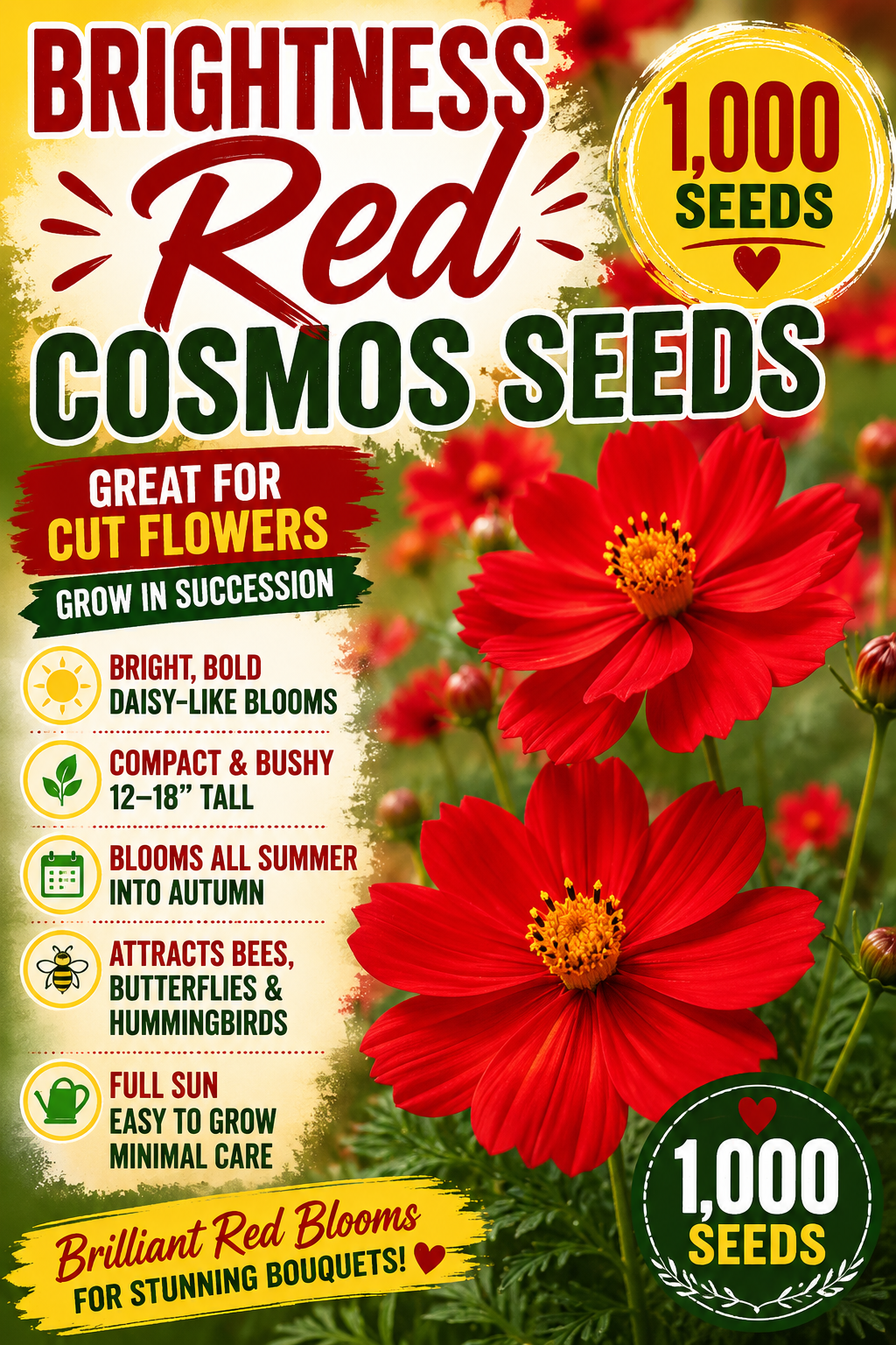 Promotional graphic for Brightness Red Cosmos Seeds, featuring large red cosmos flowers, green foliage, and text highlighting 1,000 seeds and suitability for cut flowers.