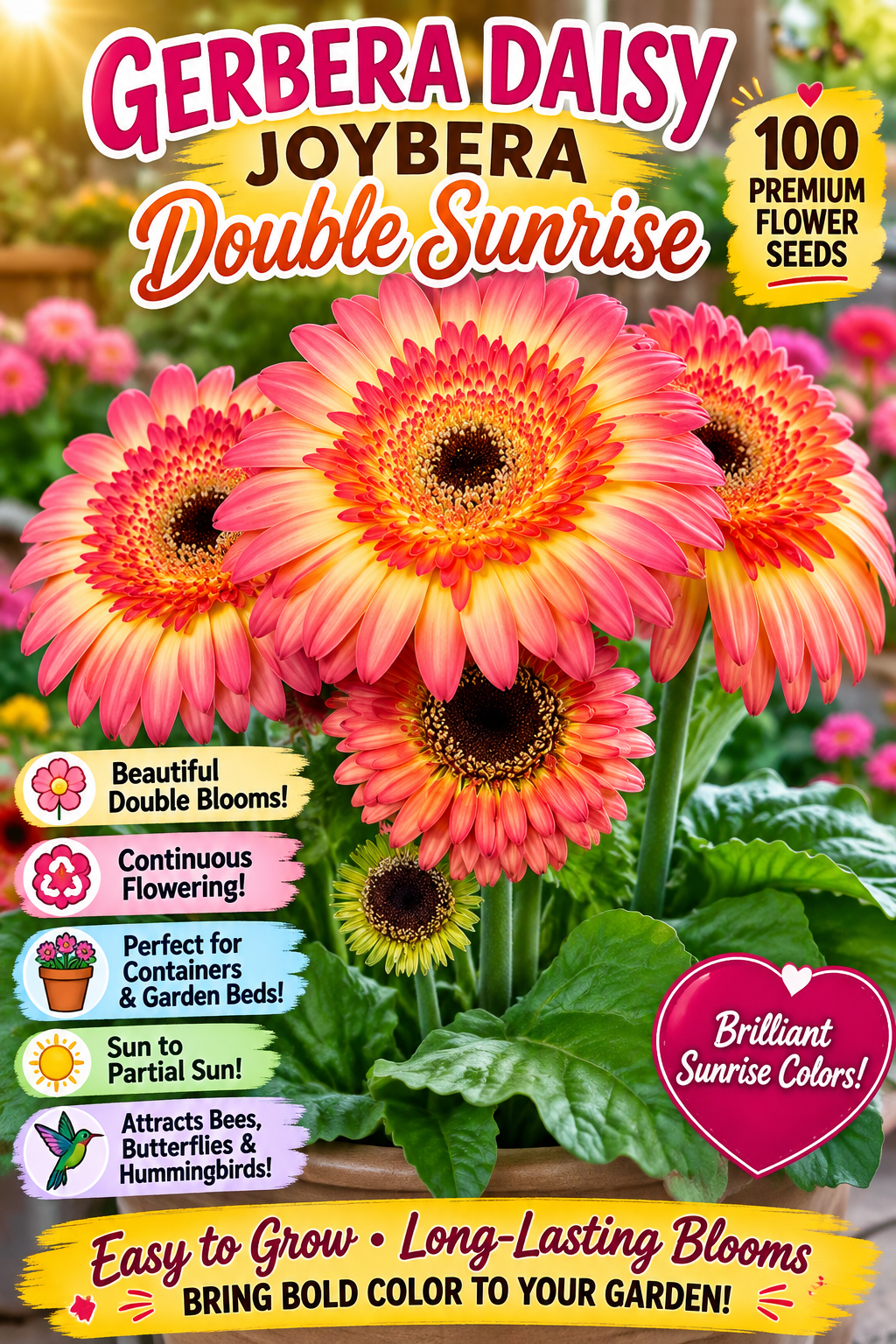 Gerbera Daisy Joybera Double Sunrise Flower Seeds – 100 Premium Flower Seeds