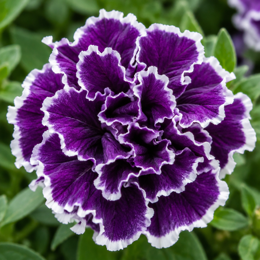 AI-generated botanical illustration of a Pirouette Purple double petunia bloom.
