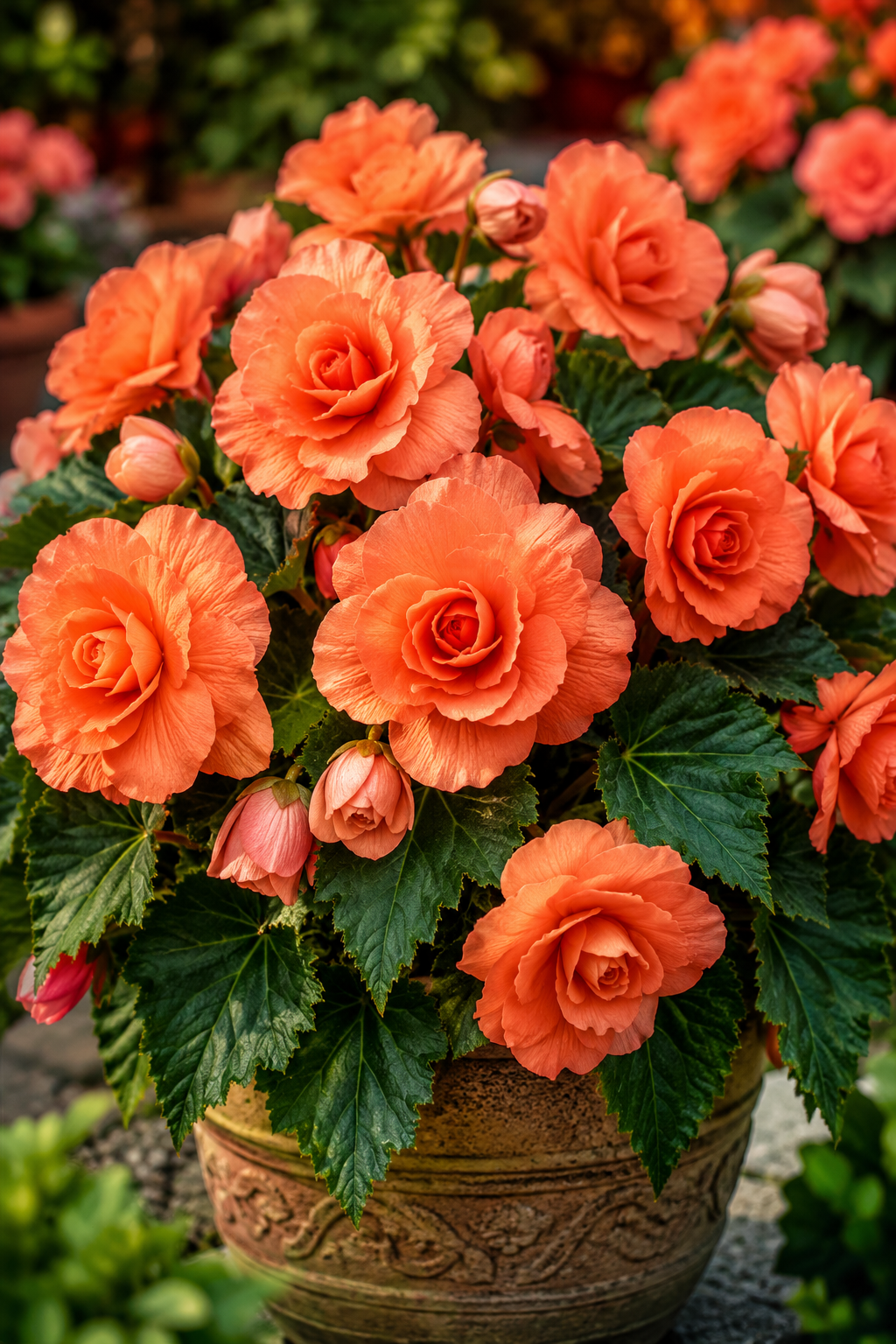 A potted begonia plant with vibrant orange flowers and deep green leaves, in a textured brown pot, set against a softly blurred garden background.