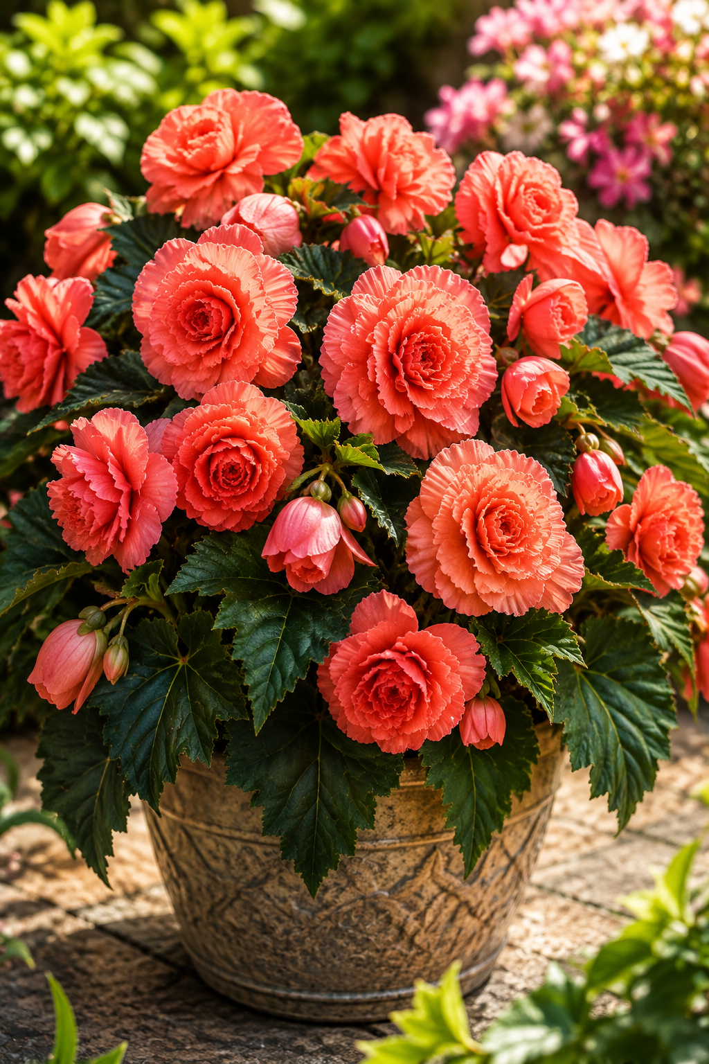 A potted begonia plant with vibrant coral-pink flowers and deep green leaves, planted in a rustic textured brown pot on a stone surface with a blurred garden background.