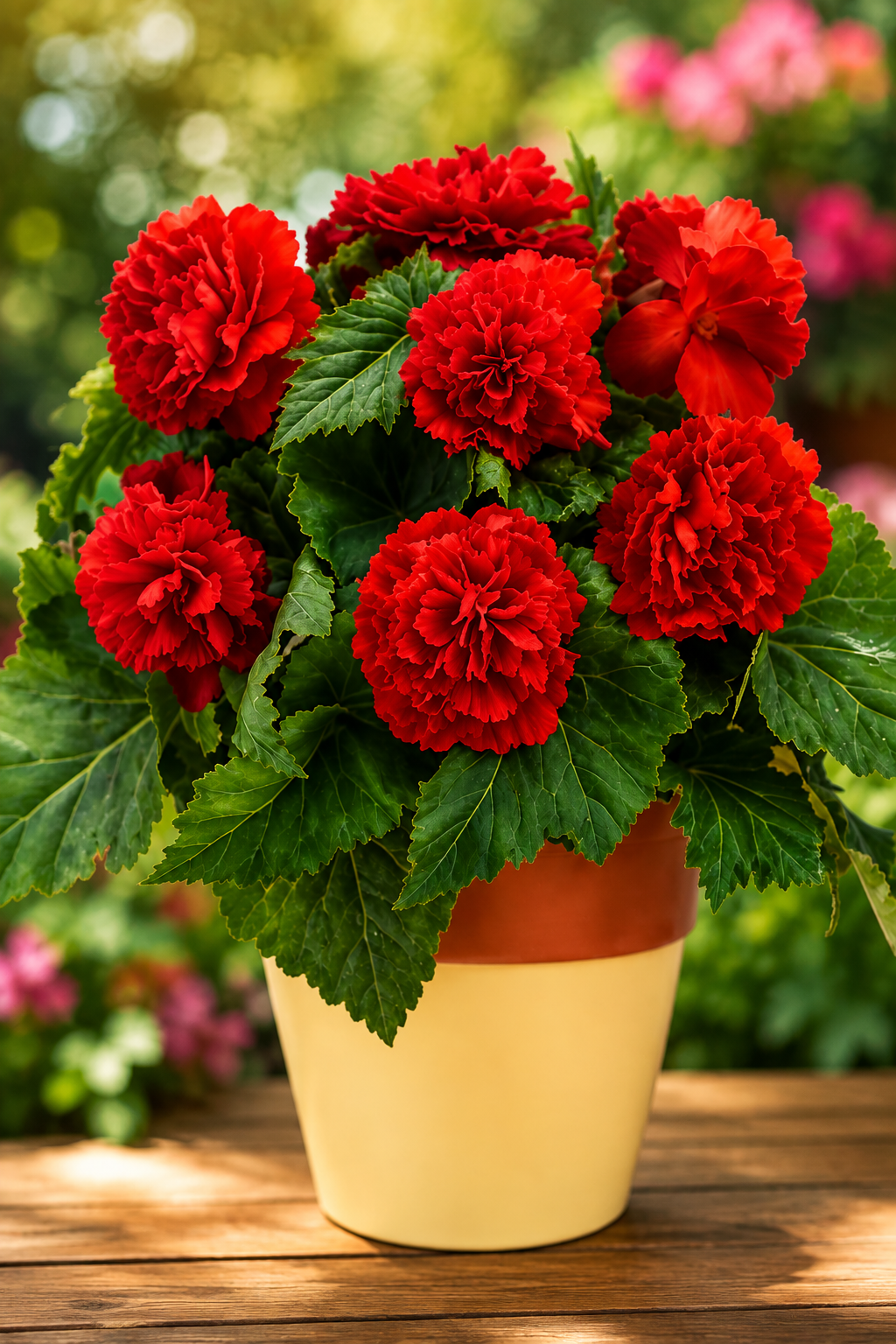 A potted plant of vibrant red flowers with lush green leaves, set in a yellow and terracotta-colored pot on a wooden surface with a blurred garden background.