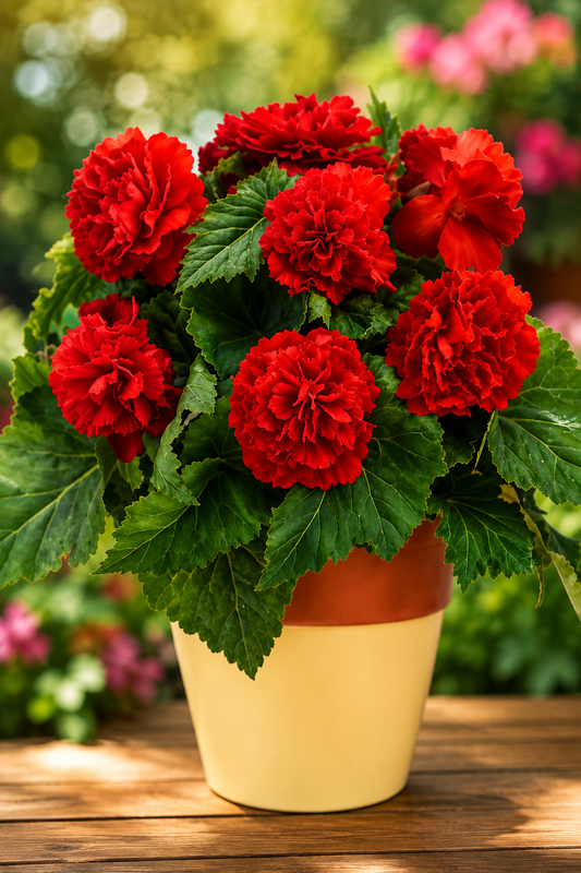 A potted plant of vibrant red flowers with lush green leaves, set in a yellow and terracotta-colored pot on a wooden surface with a blurred garden background.