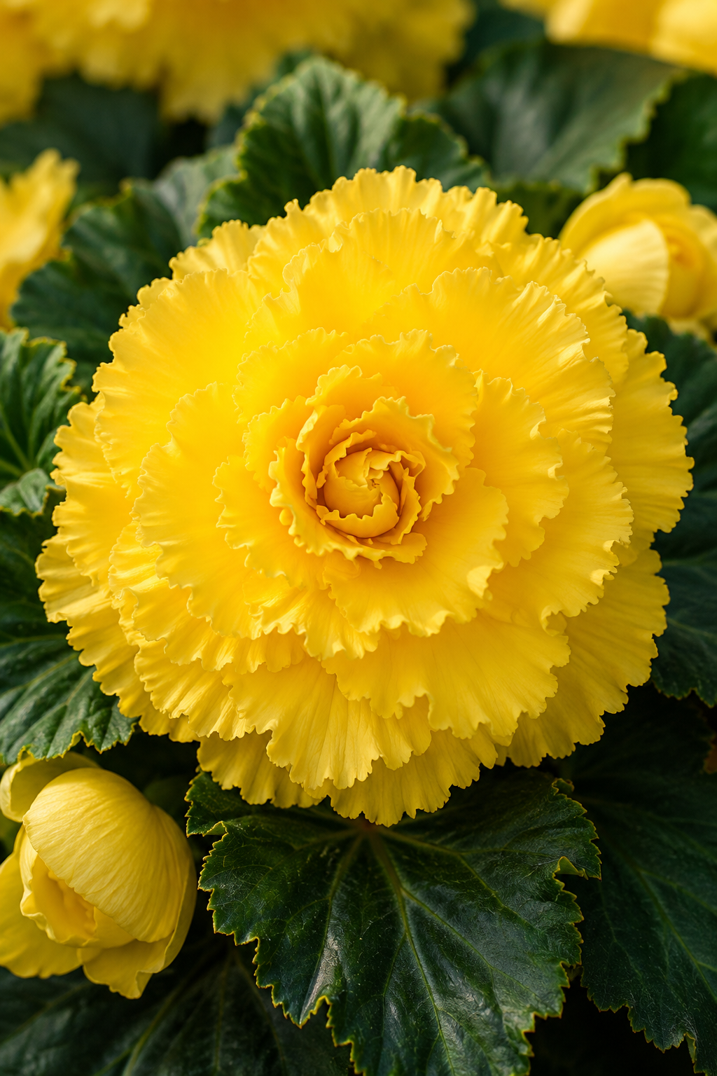 A close-up of a bright yellow ruffled ornamental flower with dark green leaves, photographed in full bloom.
