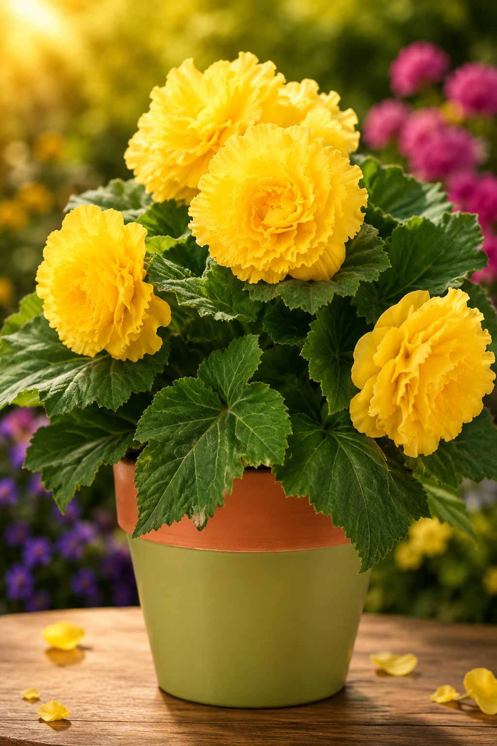 A potted plant of bright yellow ruffled flowers with green leaves, sitting on a wooden table in a garden setting with a blurred background of other flowers.