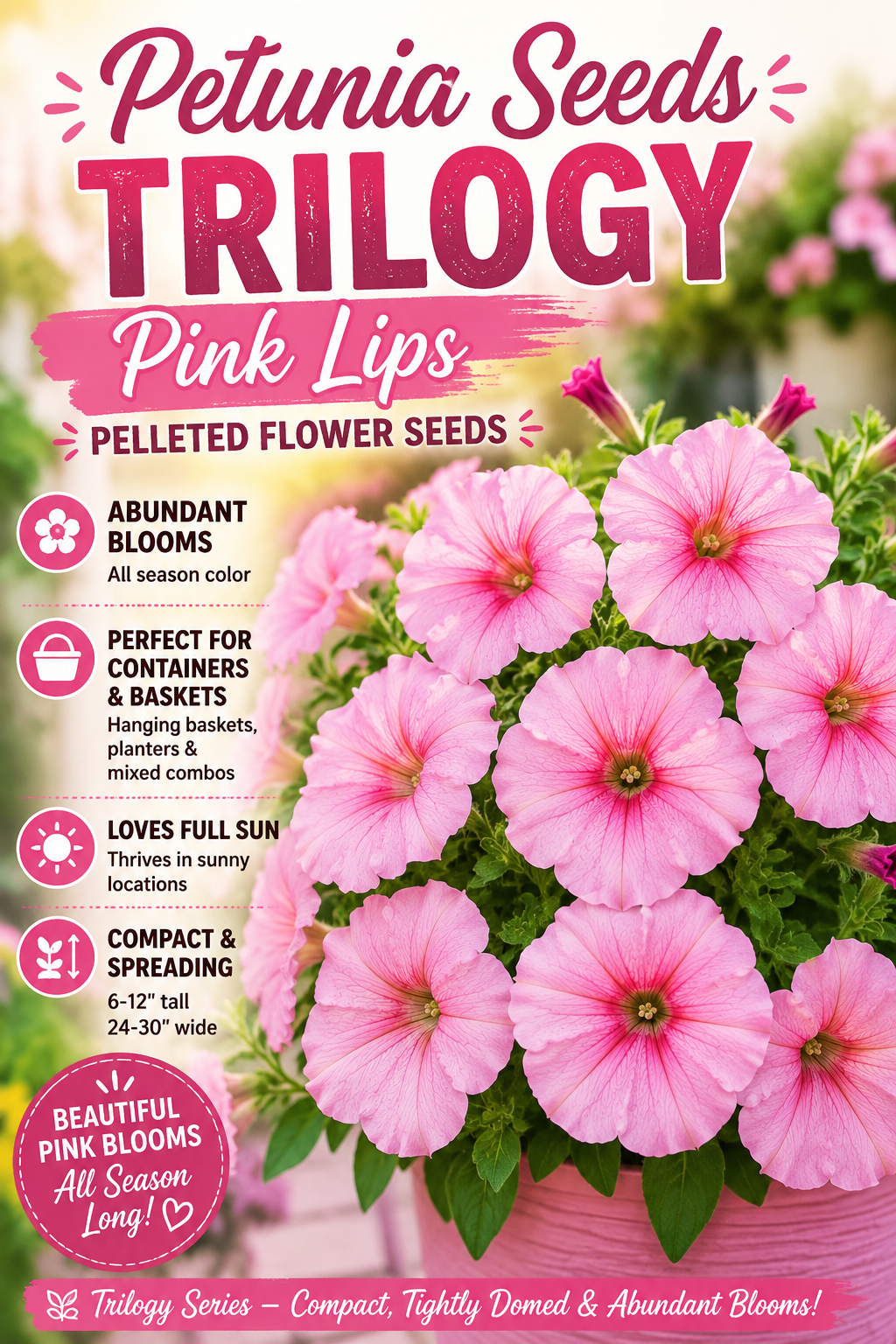 Promotional graphic for a petunia seed variety called 'Trilogy Pink Lips'. The design features a large, vibrant photograph of blooming pink petunias in a pink pot on the right, set against a soft-focus background of more flowers.