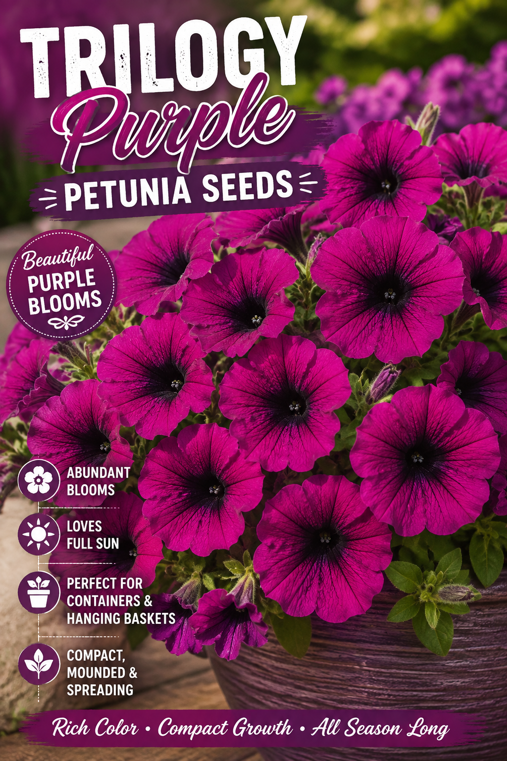 Seed packet artwork for 'Trilogy Purple Petunia Seeds' showing a close-up of vibrant purple petunia flowers in a basket, with large white and purple text and feature callouts on a blurred garden background.
