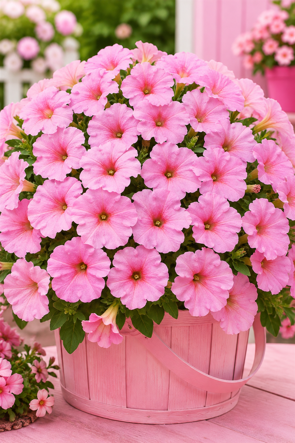 A dense cluster of bright pink petunia flowers blooming in a pink wooden bucket planter, set on a pink surface with a soft garden background.