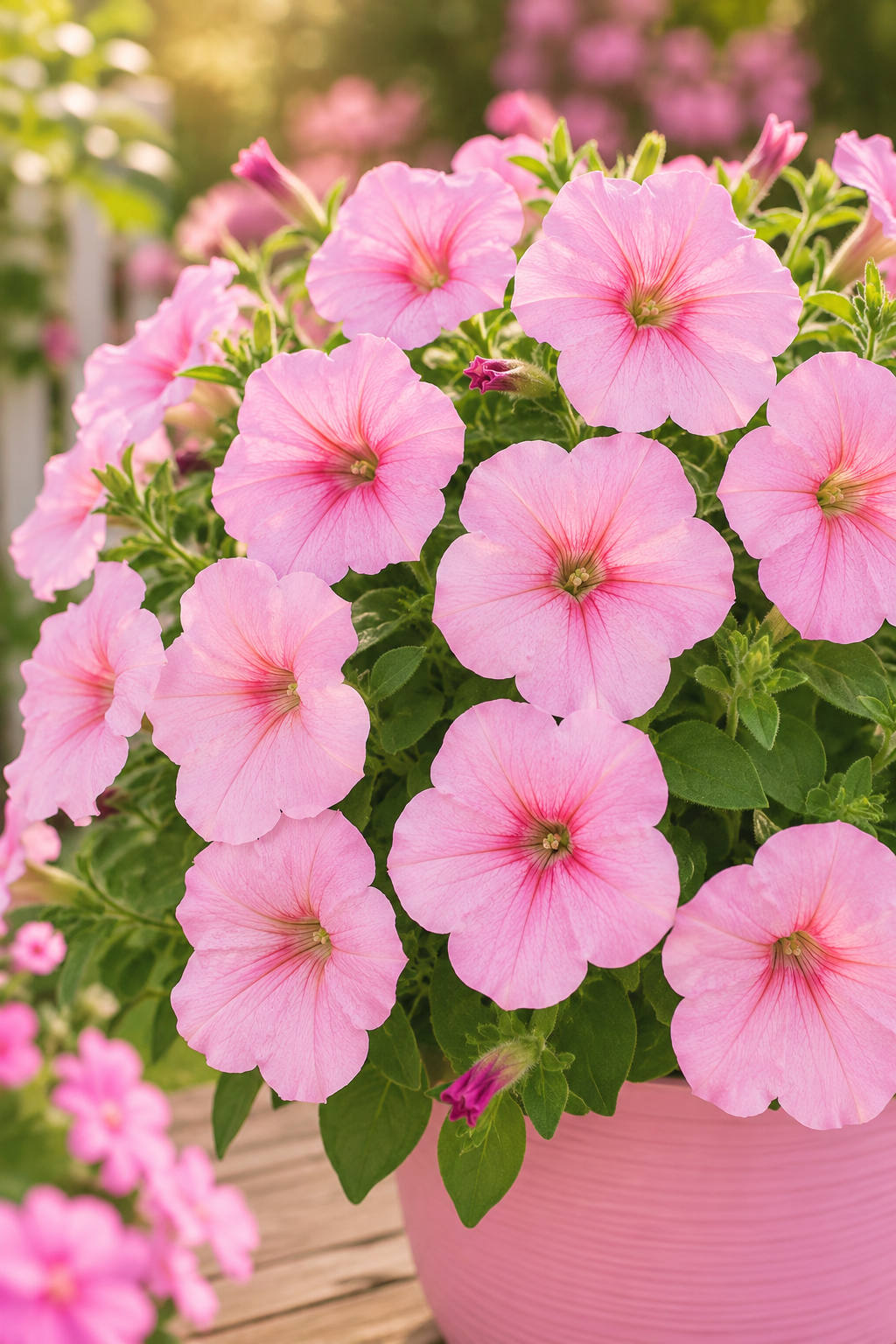 A close-up of a pink flowering petunia plant in a pink pot, with multiple light pink blossoms and green leaves on a wooden surface outdoors.