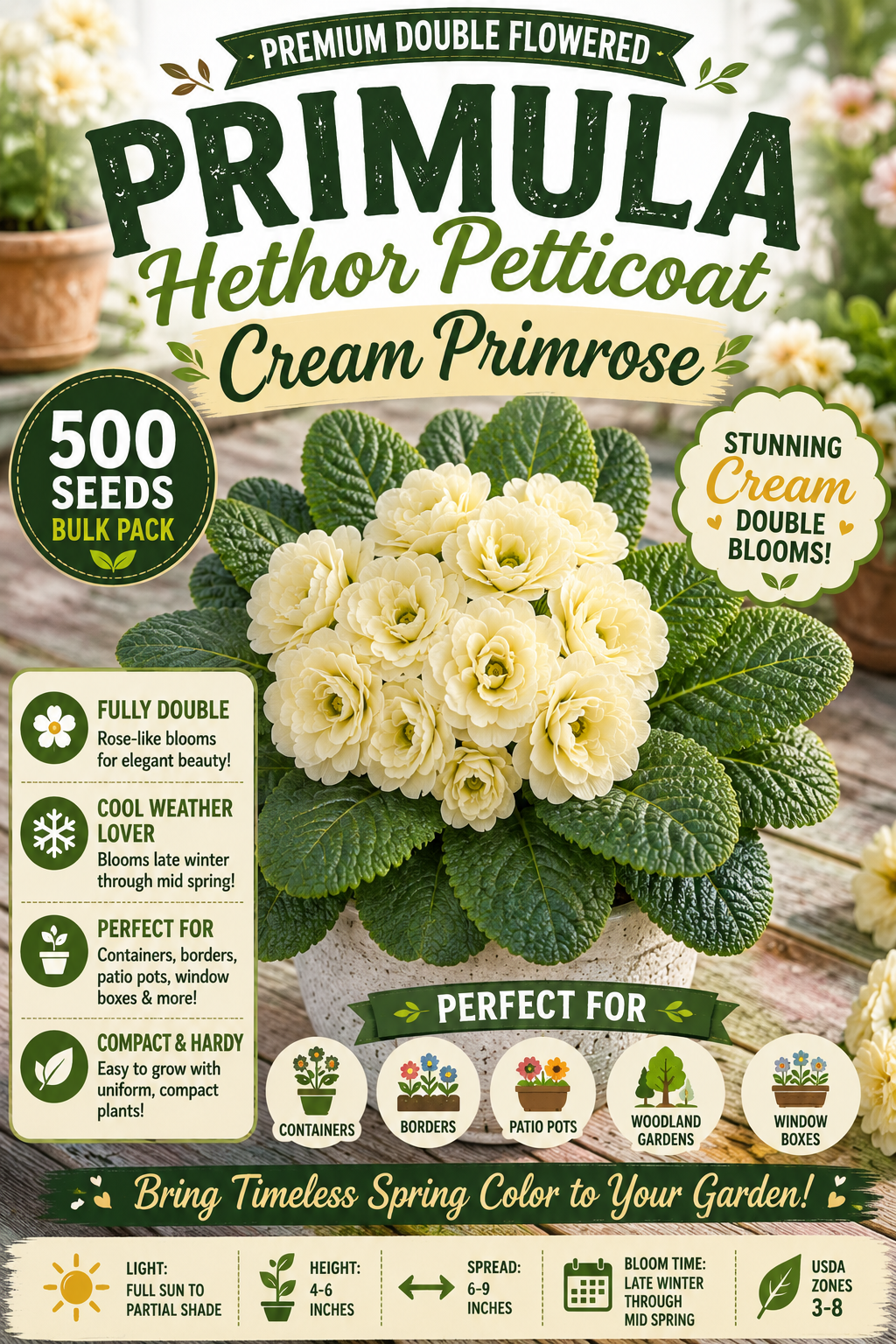 Primula Hethor Petticoat Cream Primrose Flower Seeds 500 Bulk Flower Seeds