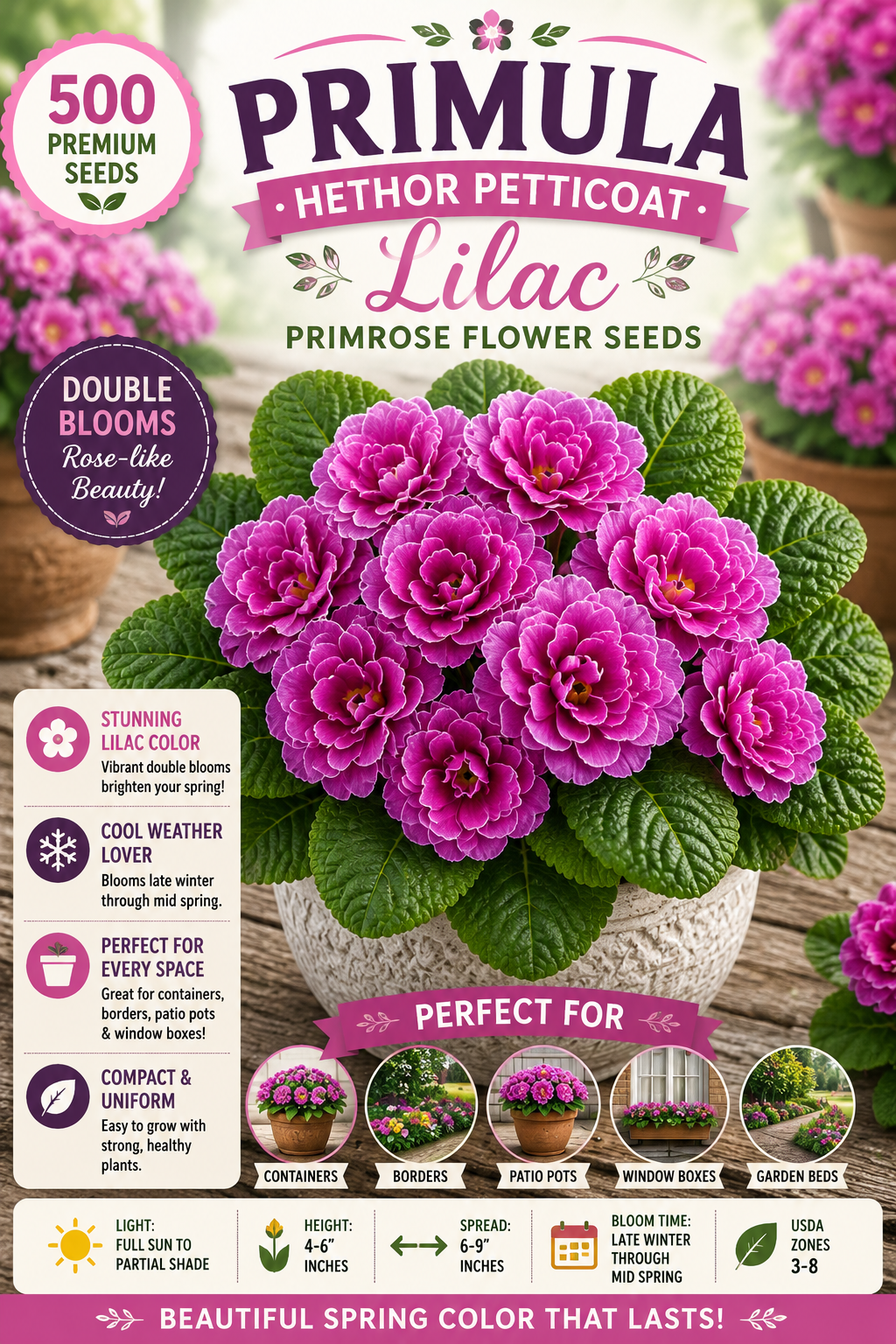 Primula Hethor Petticoat Lilac Primrose Flower Seeds – 500 Bulk Flower Seeds