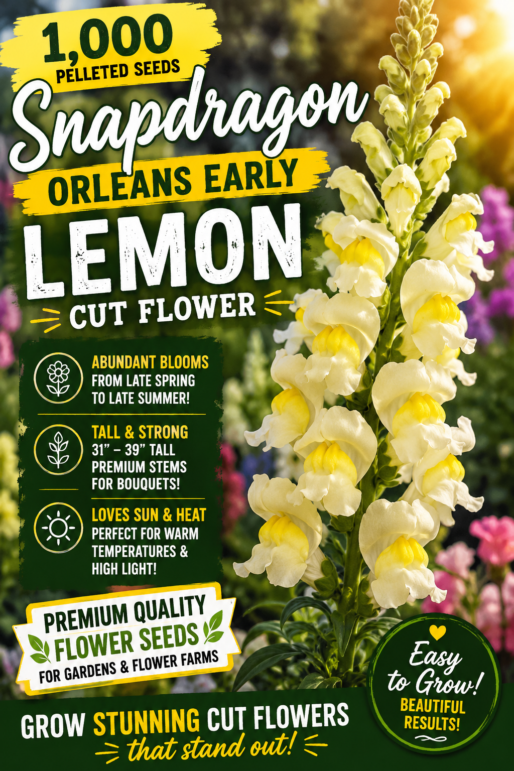 1,000 Pelleted Snapdragon Seeds Orleans Early Lemon Cut Flower