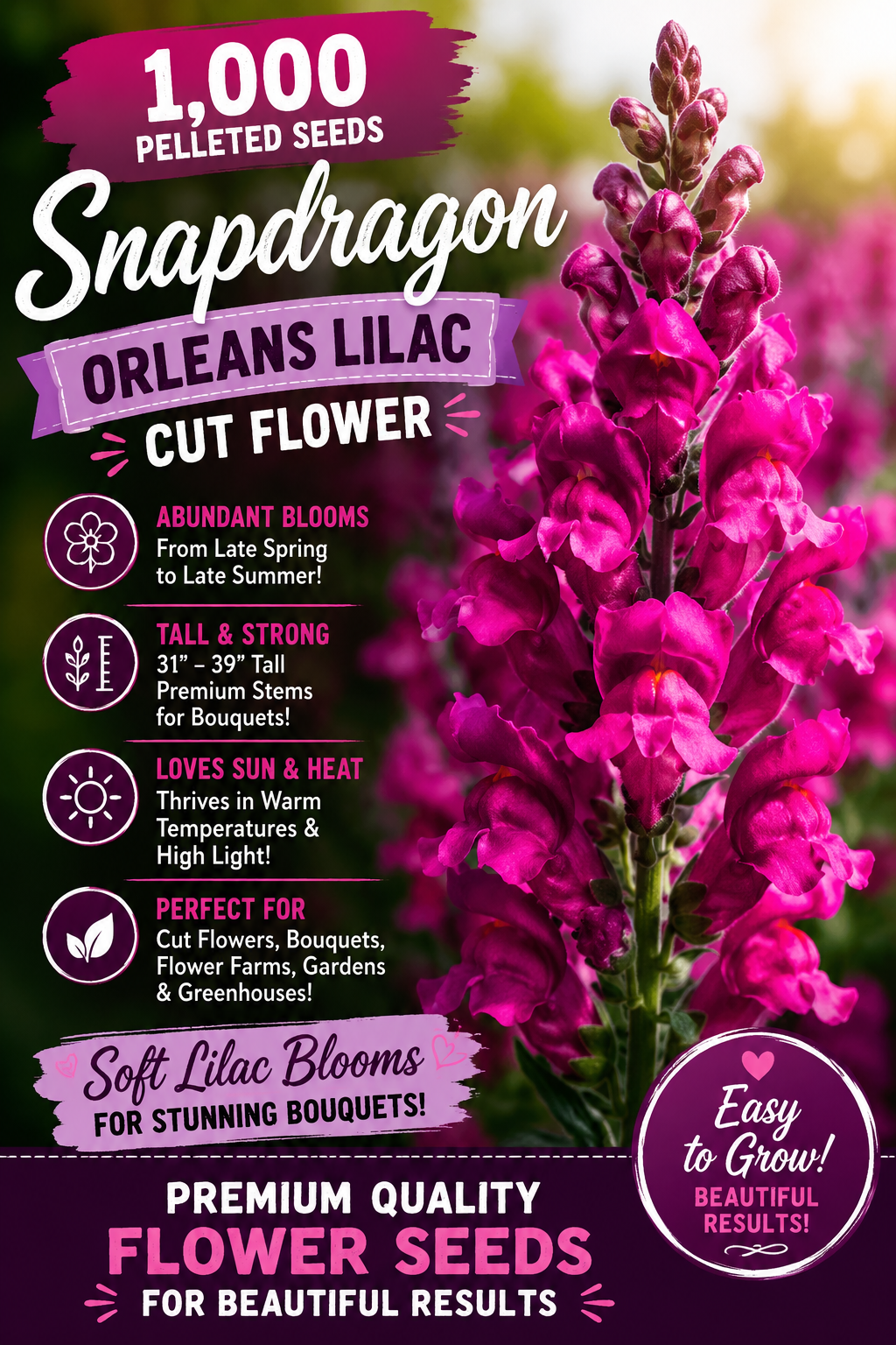 1,000 Pelleted Snapdragon Seeds Orleans Lilac Cut Flower