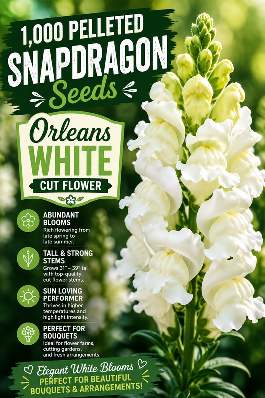 1,000 Pelleted Snapdragon Seeds Orleans White Cut Flower
