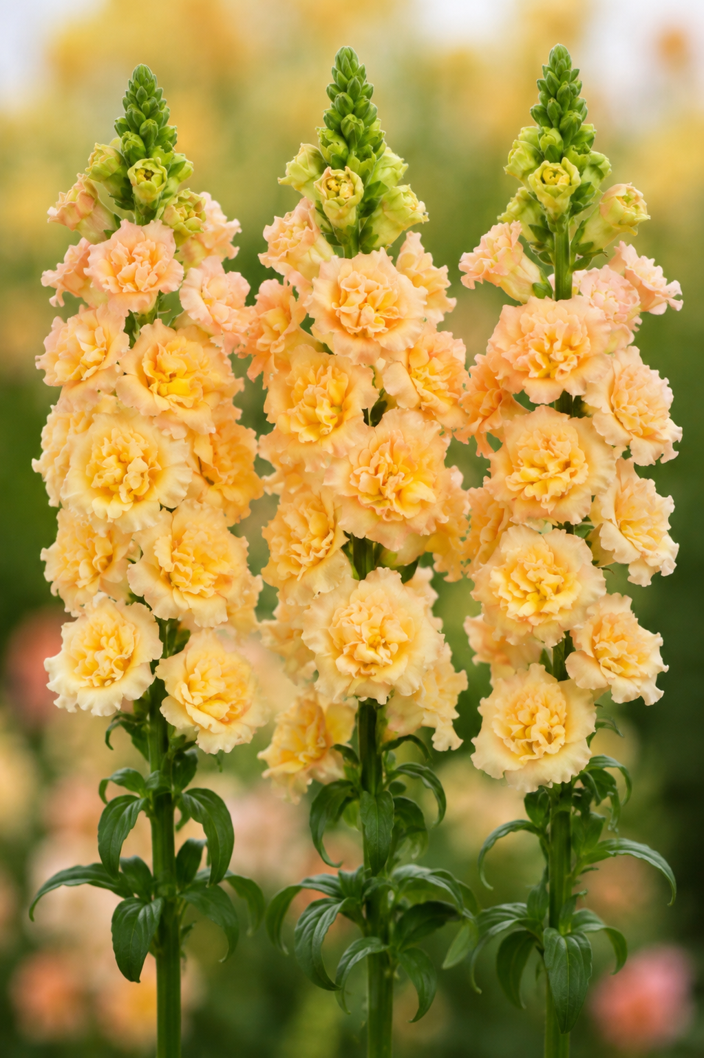 Three tall flower spikes of peach and pale yellow ruffled blossoms with green stems and leaves, photographed against a softly blurred garden background.