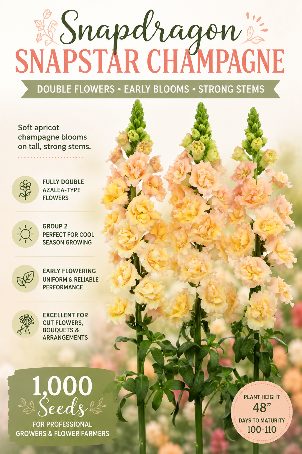Seed packet and plant info graphic for Snapdragon Snapstar Champagne double flowers. The design features tall, soft peach and cream snapdragon flowers on tall stems, with text highlighting early blooming, strong stems, and suitability for cool and warm climates.
