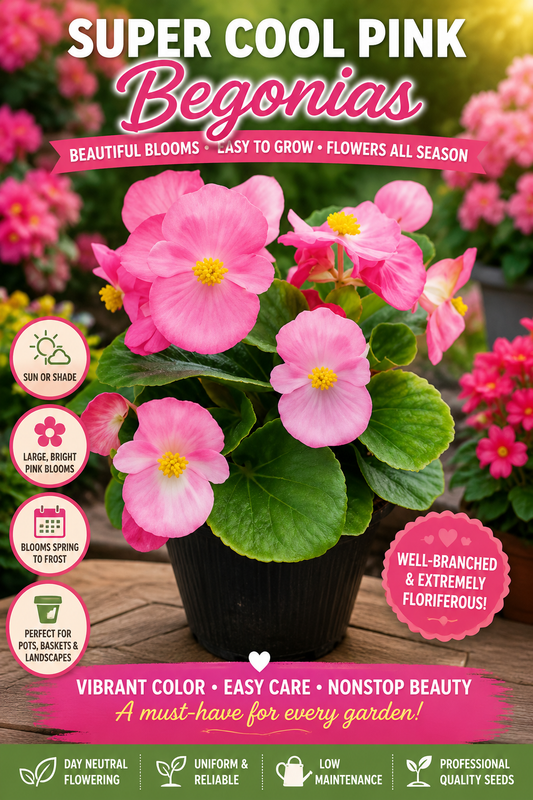 Begonia Flower Seeds Super Cool Pink 1,000 Pelleted Seeds | Premium Bedding Flower Seeds