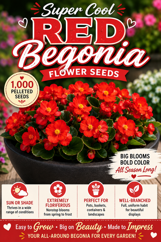 Begonia Flower Seeds Super Cool Red 1,000 Pelleted Seeds