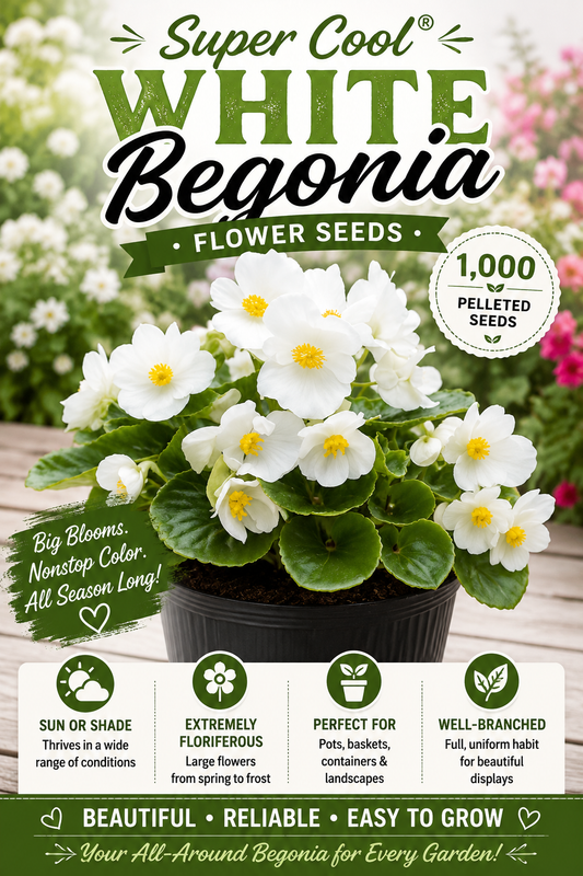 Begonia Flower Seeds Super Cool White 1,000 Pelleted Seeds