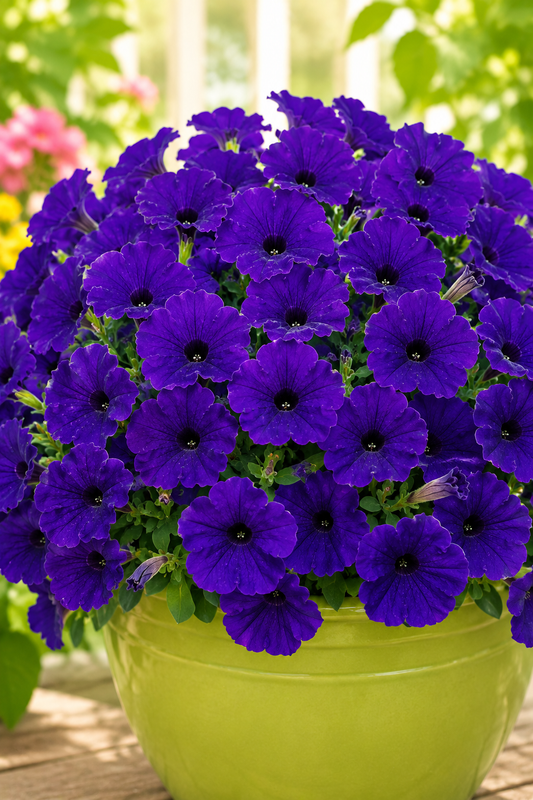 A dense cluster of vibrant purple petunias blooming in a bright lime green pot, set against a softly blurred garden background.