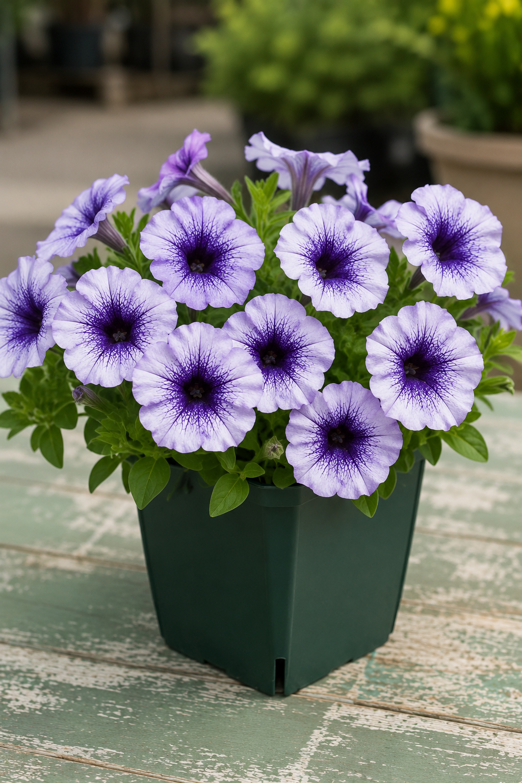 A potted cluster of light purple and white petunias with deep purple centers, growing in a dark green square plastic pot on a weathered green wooden surface.